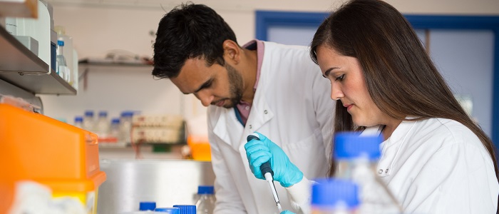 A male and a female researcher working in the British Heart Foundation lab