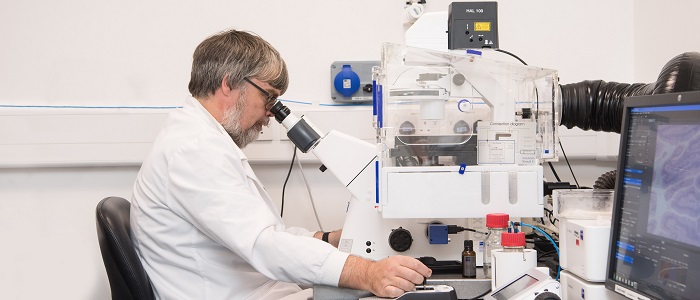 Researcher using a microscope in the laboratory